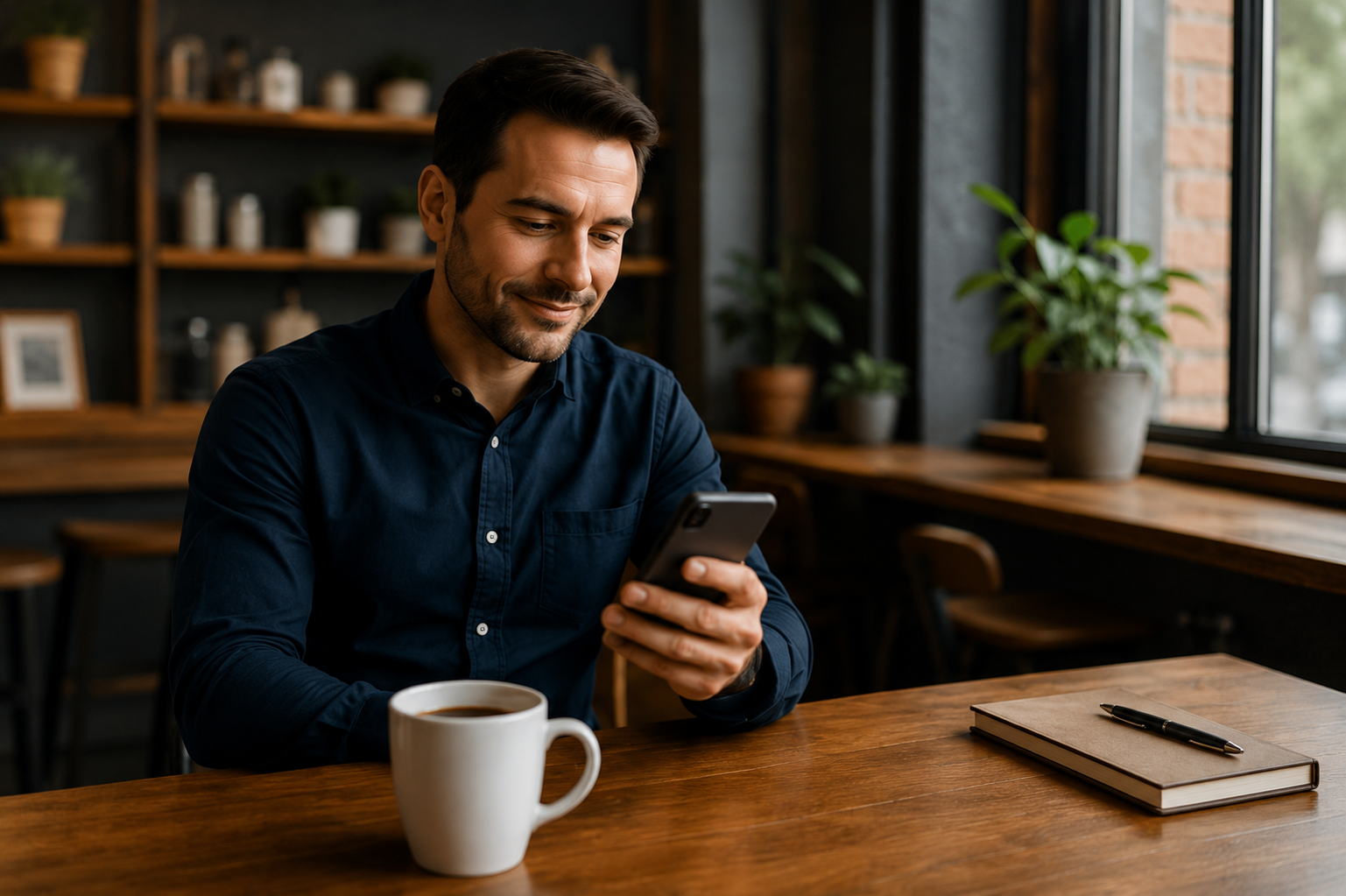 Small business owner using YEVIB with coffee